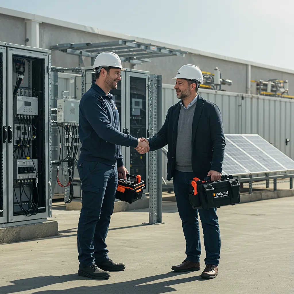 imagen1 1 "Imagen de un técnico de Roland Instalaciones Eléctricas estrechando la mano de un dueño de negocio en un entorno industrial, destacando servicios integrados de telecomunicaciones, electricidad y energía solar."