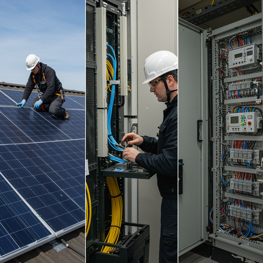 imagen1 "Técnico en seguridad instalando paneles solares, empalmando cables de fibra óptica y cableando un panel de control eléctrico en un edificio comercial, collage fotorealista."