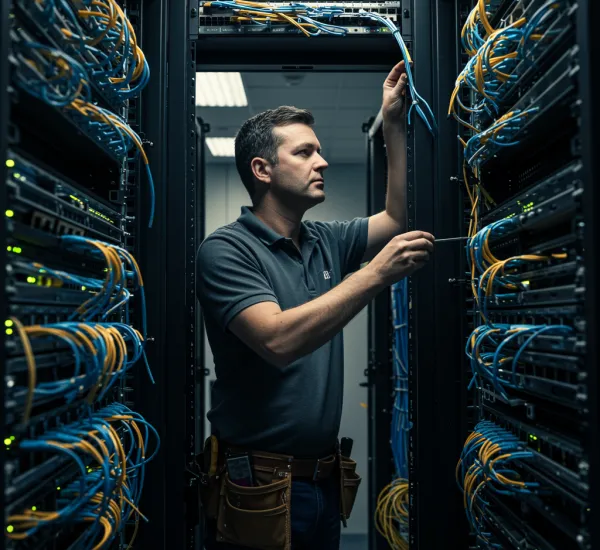 imagen2 "Técnico en polo blanco instalando cableado estructurado en un rack de servidor en un centro de datos moderno, con gestión ordenada de cables y uso de herramientas."
