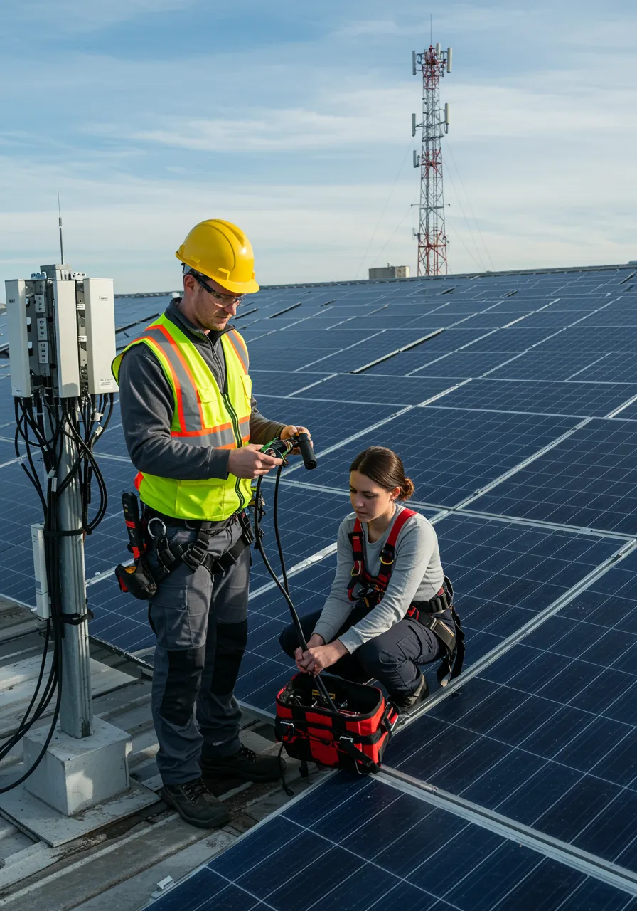 imagen3 1 "Equipo técnico realizando servicios de energía integrada en un techo, con paneles solares y torre de telecomunicaciones, destacando la colaboración profesional y un entorno moderno."