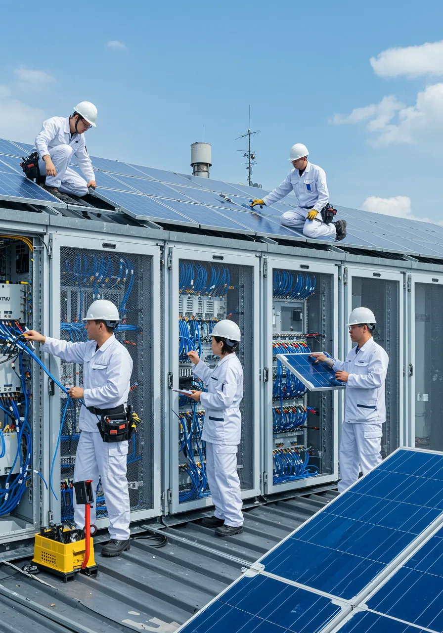 imagen3 2 "Equipo de técnicos especializados en telecomunicaciones, electricidad y energía solar, instalando paneles solares y organizando cableado estructurado en un entorno moderno."