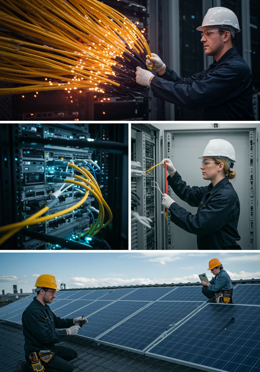 imagen3 3 "Collage digital de alta resolución que muestra servicios tecnológicos como cables de fibra óptica, servidores en un centro de datos, un electricista y técnicos instalando paneles solares, destacando la conectividad y la energía verde."