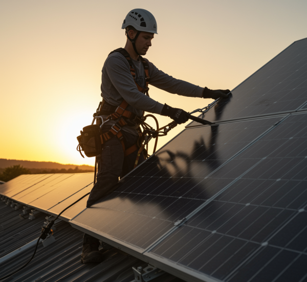 imagen3 "Electricista blanco en equipo de seguridad instalando un panel solar en el techo al atardecer, con arrays solares de fondo, destacando la eficiencia y seguridad en la instalación."
