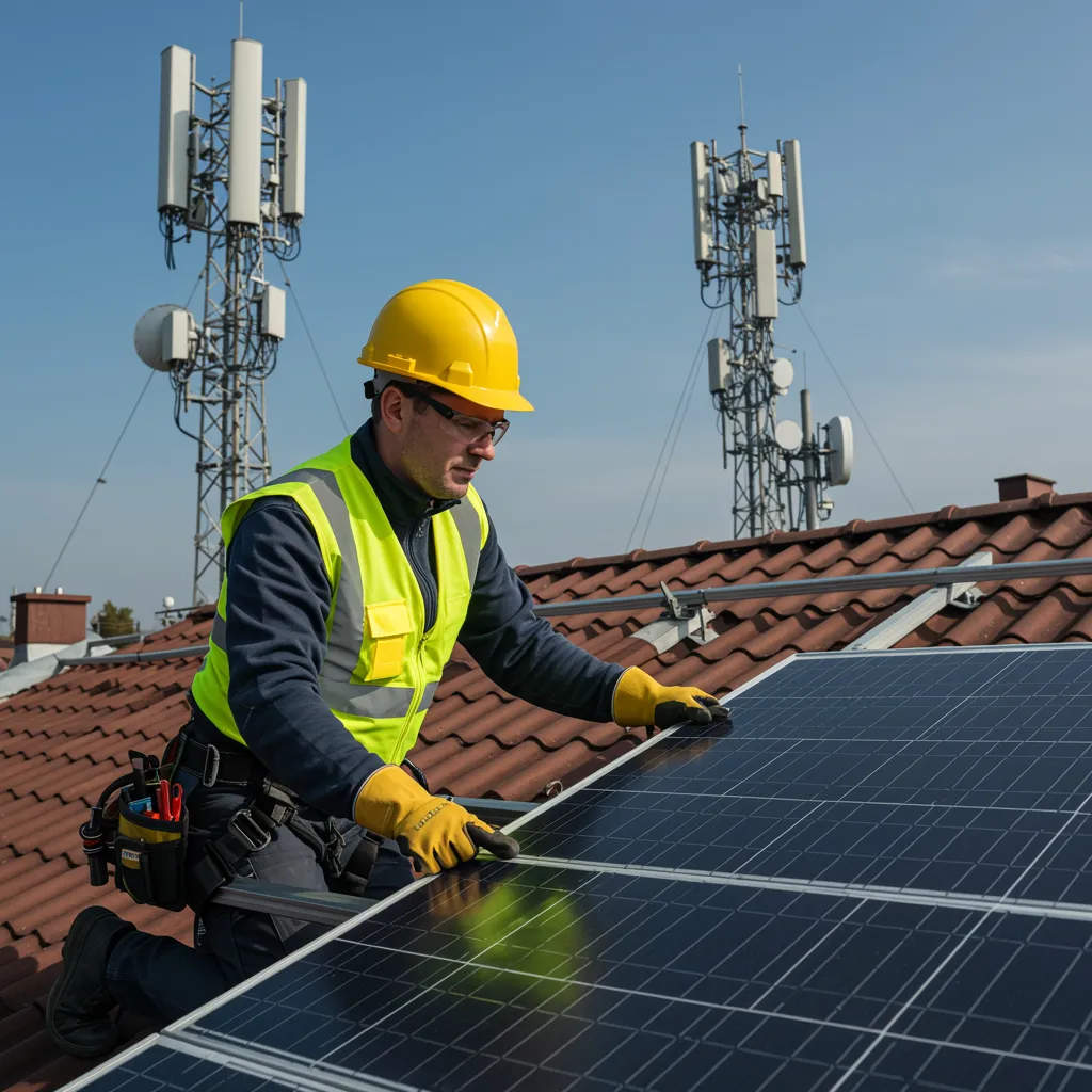imagen5 1 "Electricista profesional blanco con casco amarillo, chaleco reflectante y guantes, instalando panel solar en un techo, con antenas de telecomunicaciones y conduits eléctricos de fondo."