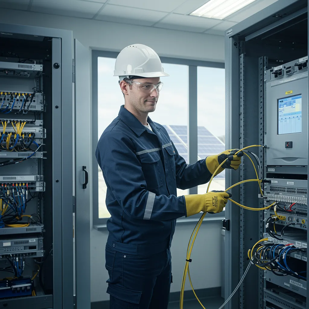 imagen5 2 "Ilustración digital de un técnico de telecomunicaciones y electricidad instalando cables de fibra óptica en un entorno moderno, destacando la seguridad y la integración de servicios eléctricos y energías solares."