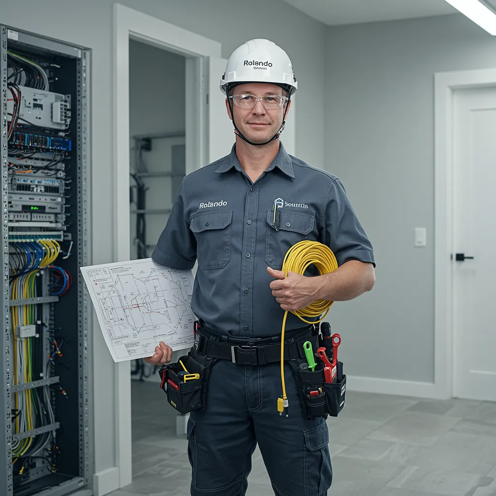 imagen5 3 "Técnico Rolando en uniforme, sosteniendo un cable de fibra óptica y un plano de panel solar en un moderno interior, destacando servicios de tecnología avanzada y energía solar."