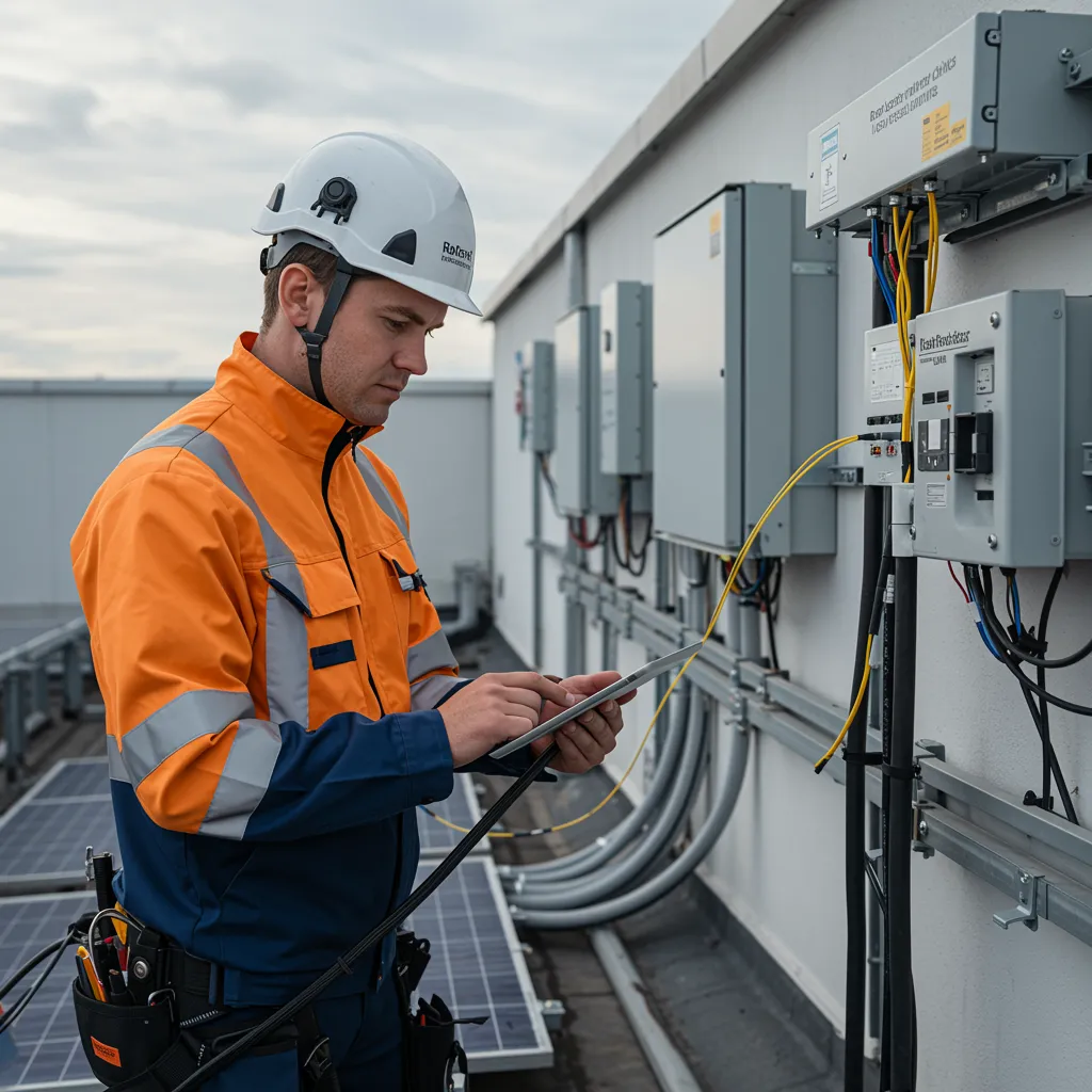 imagen5 4 "Ilustración digital hiperrealista de un técnico en uniformidad de alta visibilidad de Roland Instalaciones Eléctricas, trabajando con paneles solares y cables de fibra óptica en un techo."