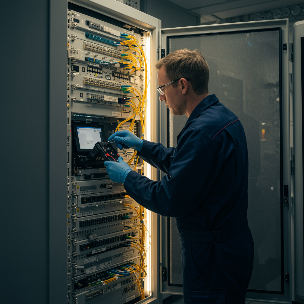 imagen5 "Técnico especializado en telecomunicaciones inspeccionando un panel de parcheo de fibra óptica con herramientas precisas en un gabinete moderno, destacando su experiencia y profesionalismo."