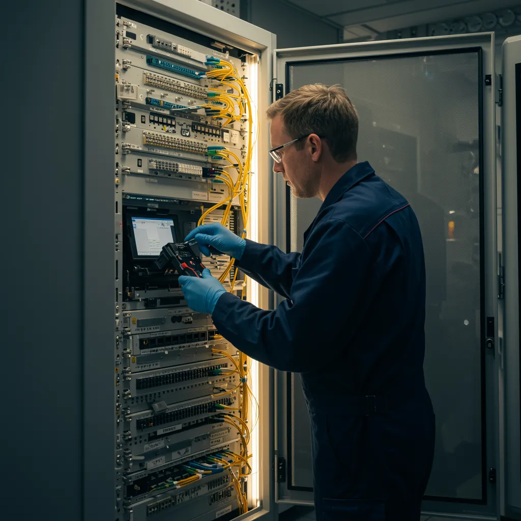 imagen5 "Técnico especializado en telecomunicaciones inspeccionando un panel de parcheo de fibra óptica con herramientas precisas en un gabinete moderno, destacando su experiencia y profesionalismo."