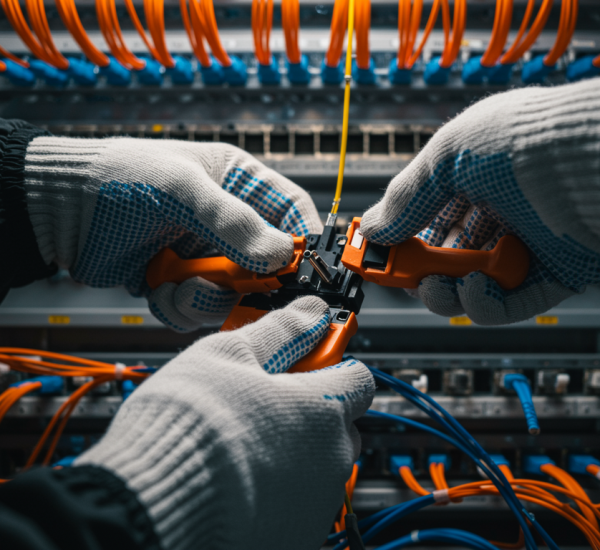 slider "Técnico en sala de redes empalmando cables de fibra óptica con guantes protectores, rodeado de cables organizados en un entorno profesional y bien iluminado."