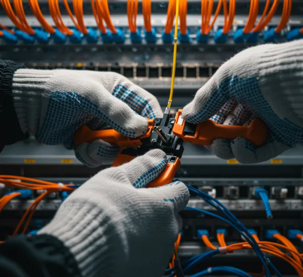 slider "Técnico en sala de redes empalmando cables de fibra óptica con guantes protectores, rodeado de cables organizados en un entorno profesional y bien iluminado."